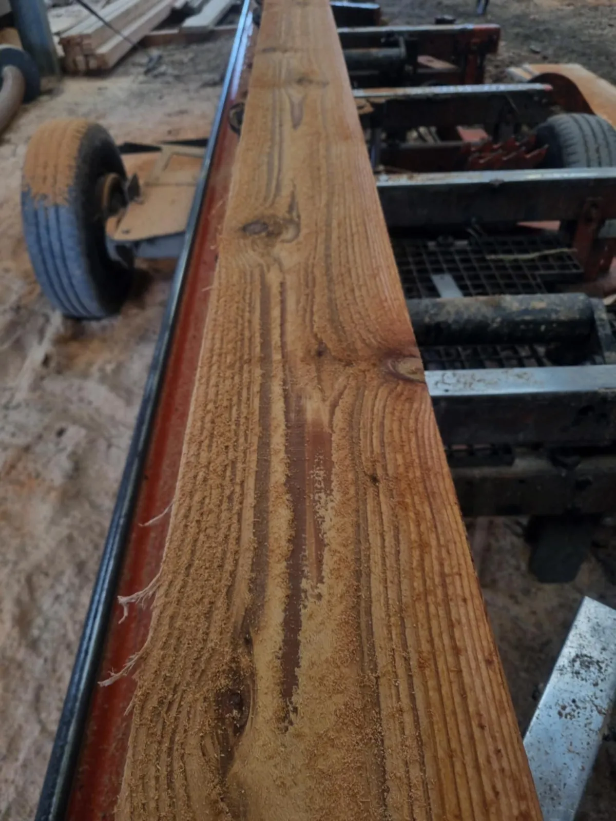 Close-up of a freshly sawn board straight off the mill